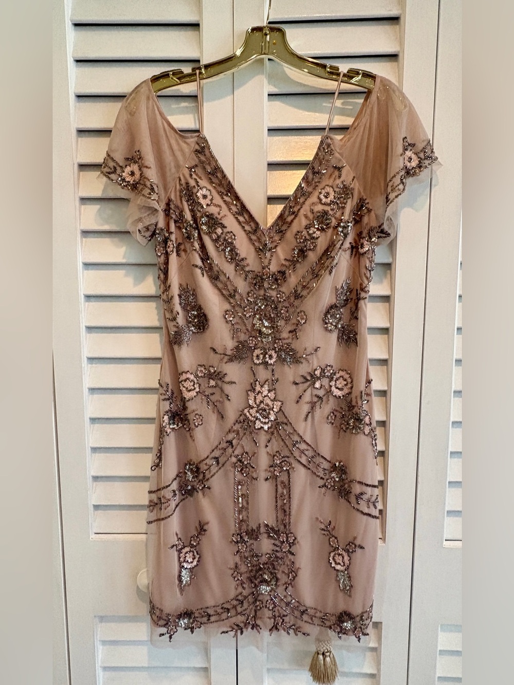 Aidan Mattox Dress Beaded Gatsby Cocktail Nude Champagne Floral Sequin Mesh 4 - Picture 4 of 14